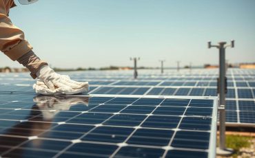 a guys hand cleaning a solar panel in the desert