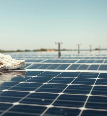 a guys hand cleaning a solar panel in the desert